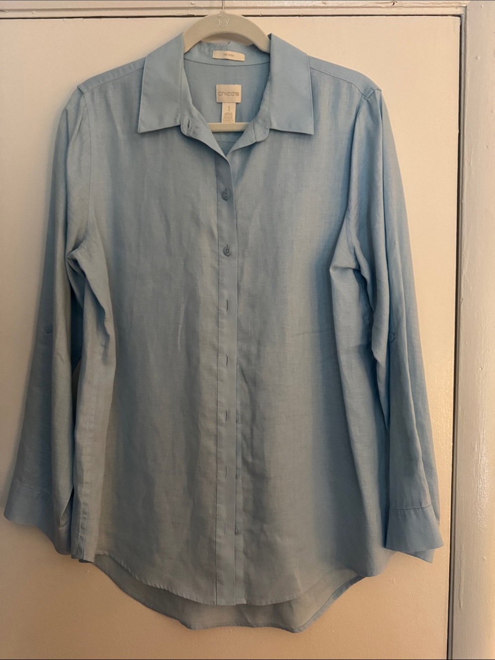 Chico's No-Iron Linen Shirt, light blue, Sz 1